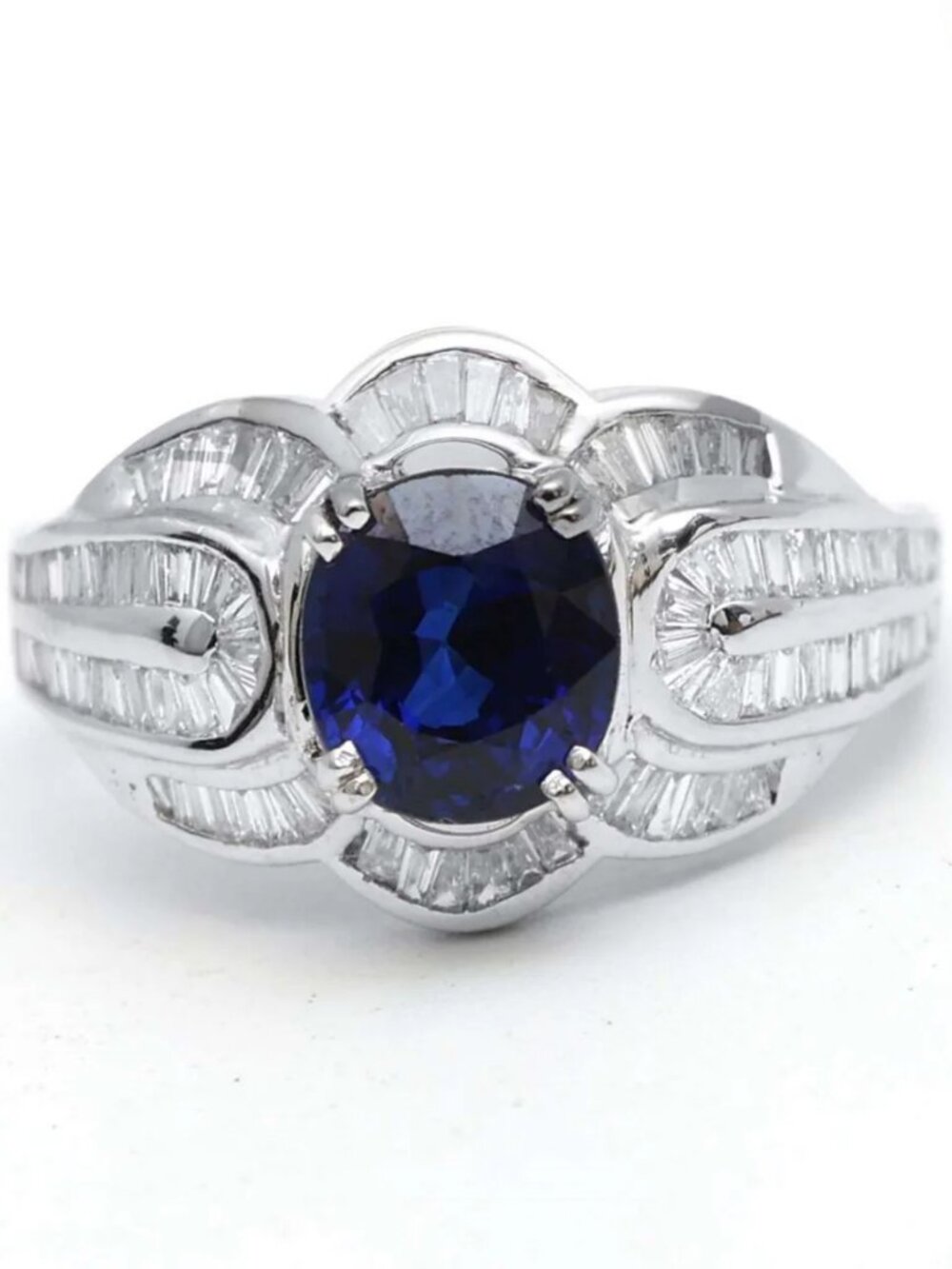 Royal Blue Sapphire 14K White Gold (18K Custom) Baguette Diamond Ring
